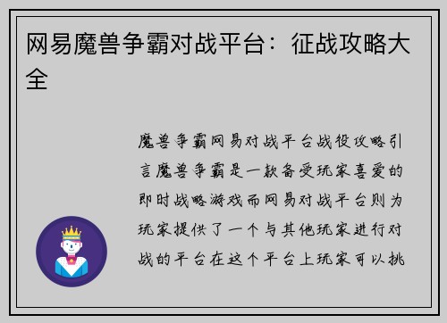 网易魔兽争霸对战平台：征战攻略大全