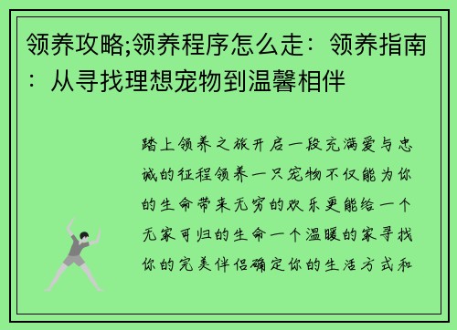 领养攻略;领养程序怎么走：领养指南：从寻找理想宠物到温馨相伴
