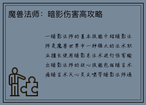 魔兽法师：暗影伤害高攻略